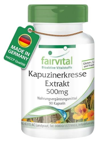 Fairvital | Kapuzinerkresse Extrakt 500mg - 90 Kapseln - Tropaeolum majus-Extrakt 500mg - HOCHDOSIERT - Hochwertiger 10:1 Extrakt - VEGAN