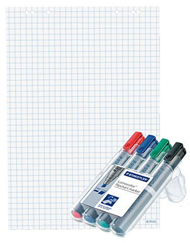 Herlitz Flipchartblock, 68x99cm (kariert/gelocht), 5 Blöcke + 1 Flipchartmarker Sets mit Keilspitze á 4 Stk.