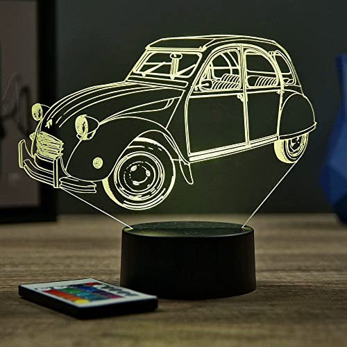 Lampe Fan Citroën 2Cv 16 Couleurs PERSONNALISÉE, Avec Un Nom Ou Un Message, 3D LED Illusion Lampe Disponible en Plusieurs Modèles, Lampe de Chevet à Lumière d’ambiance Parfaite Pour Tout le Monde