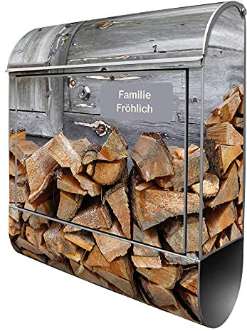 banjado® Design Briefkasten personalisiert Feuerholz 38,5x46,5x13cm & 2 Schlüssel - Briefkasten Stahl Silber Zeitungsfach pulverbeschichtet - Postkasten A4 Einwurf inkl. Montagematerial