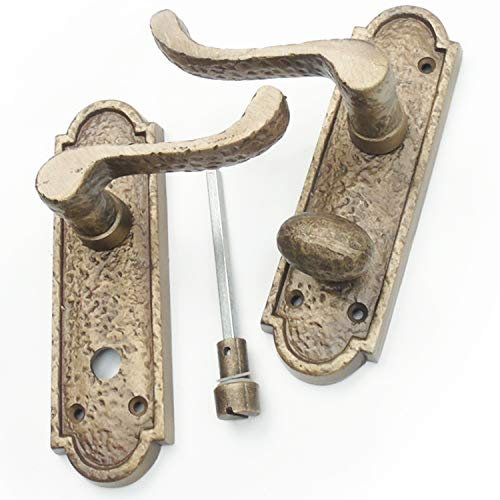 Pair of Antique Brass Finish Cast Iron Hammered Scroll Lever Bathroom Door Handles on Back Plate