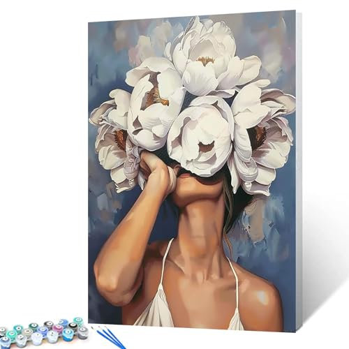 Tucocoo Malen nach Zahlen für Damen und Blumen moderner Stil Damenkopf Blumenbild Acryl-Ölgemälde Set Figur Dame Heimdekoration Malen nach Zahlen für Erwachsene Anfänger mit Rahmen