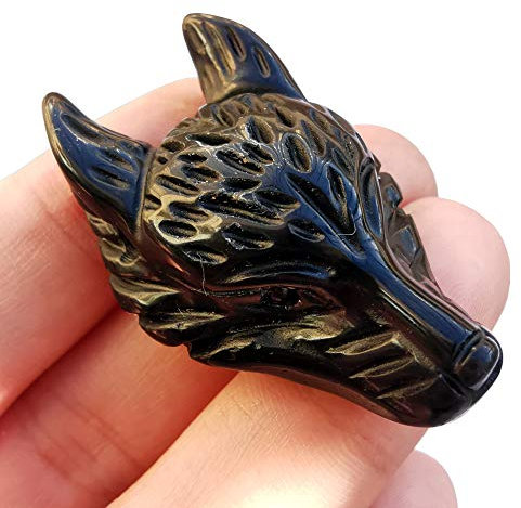 Manekieko Natürlicher Schwarzer Obsidian 40mm Wolfskopf Taschenkristalle Und Heilsteinfigur, Haped DIY – Schmuckanhänger