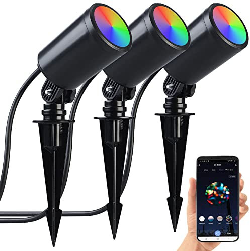 Luminea Home Control Wegeleuchten: 3er-Set WLAN-Gartenstrahler, dimmbar, RGB & CCT, 1.560 lm, IP65, App (LED Spot, LED-Gartenstrahler Erdspieß Set, Pflanzenlicht)