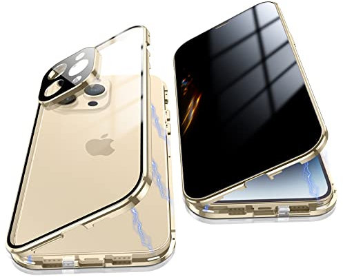 Jonwelsy Anti Peeping Hülle für iPhone 14 Pro Max, 360 Grad Schutz Case, Privatsphäre Gehärtetes Glas Anti-Spähen Cover, Stark Magnetische Adsorption Metallrahmen Handyhülle für 14 Pro Max (Gold)