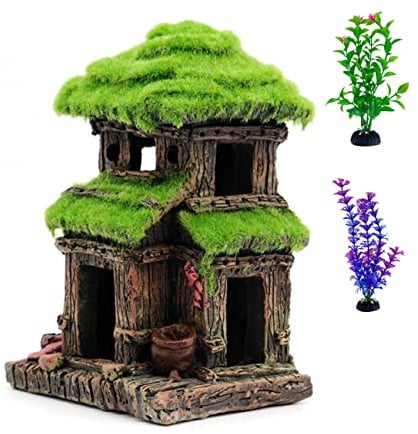 AWXZOM Fish House - Aquarium Decoration with Lifelike Moss, Comes with 2x Artificial Plants