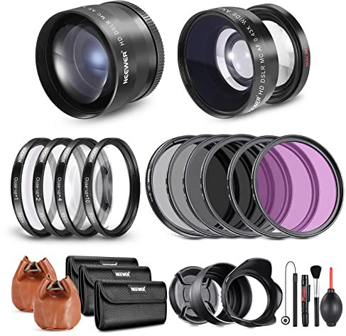 NEEWER 55mm Lens and Filter Set: Wide Angle/2.2X Telephoto Additional Lens for 18mm-85mm APS-C Lens, (+1+2+4+10) Close Up Macro/ND/UV/CPL/FLD Filters for Camera Lens with ⌀55mm Thread