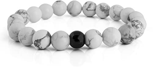 Akitsune Globae Perlen-Armband | Armschmuck Damen Herren Beads Halbedelstein Spirituell Energie Stein - Türkis Weiß - 20cm