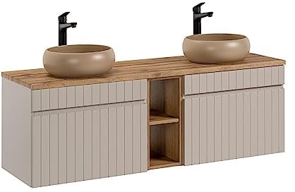 Mueble de Lavabo Doble 140 cm Iconic Cashmere, Mueble de Lavabo Colgante, encimera Roble, Color Beige (con encimera)