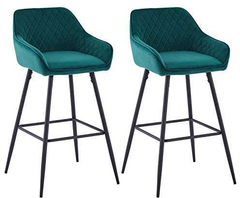 JYMTOM Lot 2 Tabourets de Bar Verts, Chaises de Salon, Chaises de Bar, Siège en Velours avec Dossier, Accoudoir et Repose-Pieds Métallique pour Bistrots,Bar,Bureau (2, Vert)