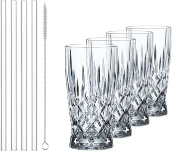 Nachtmann Noblesse 11.8 oz Latte Macchiato Glasses, Set of 4 – 5.8 Crystal Coffee Cups with Glass Straws – Lead-Free Elegant Barista Drinkware for Cappuccinos, Lattes & Everyday Enjoyment