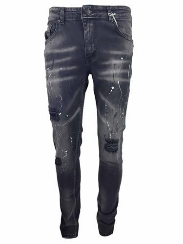 GEORGIO PEVIANI Mens Slim Fit Jeans Stretch Denim Ripped Paint Splatter Distressed Jean (UK, Waist & Inseam, 30, 32, Black)
