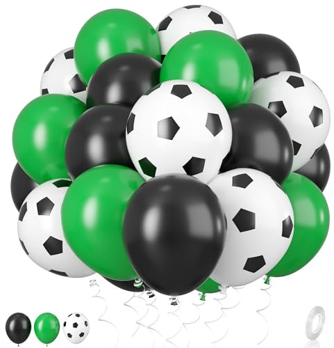 Ballons football, ballons football de 12 pouces, ballons en latex vert noir blanc, ballons imprimés de football, rubans pour garçons, fête de football, décorations d'anniversaire sportives