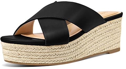 PIZZ ANNU Sandalen Damen Espadrilles Plateau Keilabsatz Frauen Keilsandalen Sandaletten Hausschuhe Pantoletten Elegant Sommer Schuhe Schwarz EU 39