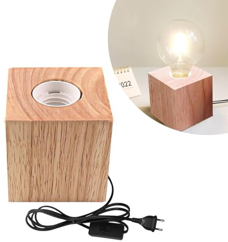 Nizirioo Tischlampe Würfel Holz, E27 Nachttischlampe Holzsockel, Kleine Nachttischlampe mit Holzsockel, EU-Plug Holzsockel E27 Perfekt für Schlafzimmer/Wohnzimmer/Büro (ohne Glühbirne)