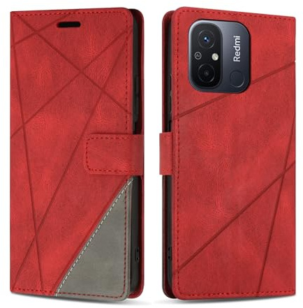 SONWO Coque pour Xiaomi Redmi 12C, Protection Housse Etui en Cuir PU Portefeuille avec Emplacements Cartes et Fonction Support pour Xiaomi Redmi 12C, Rouge