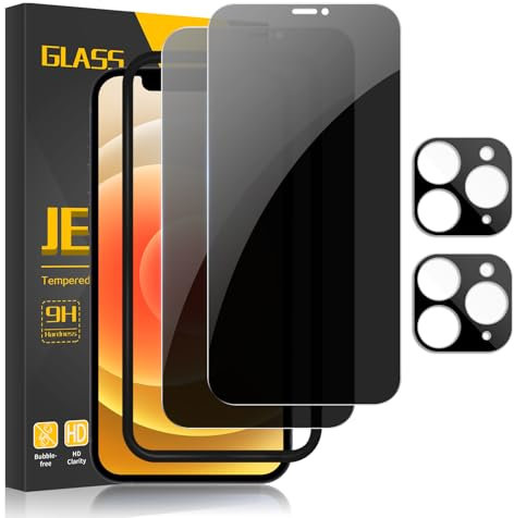 JEHOO for iPhone 12 Pro Privacy Screen Protector, 2 Pack 28° Anti Spy Tempered Glass and 2 Pack Camera Lens Protector with Installation Frame, Military Grade Shatterproof Premium Film Bubble Free