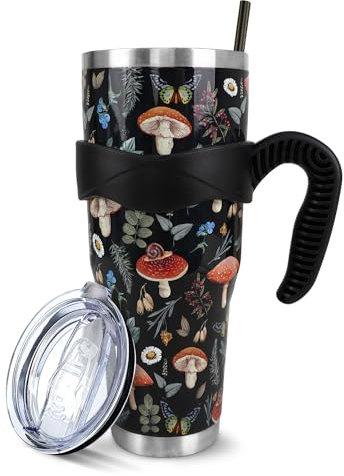 Mushroom Trinkbecher mit Griff und Strohhalm, Blumenpilz, groß, Edelstahl, vakuumisoliert, Reisebecher, Pilzgeschenke für Damen und Herren, Deko-Zubehör, Schwarz
