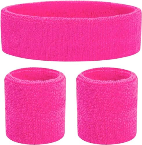 3X 3 in 1 Schweißband pink Set mit Stirnband - als Accessoire Vokuhila Kostüm zu Retro neon 80er 90er Outfit Fasching & Karneval