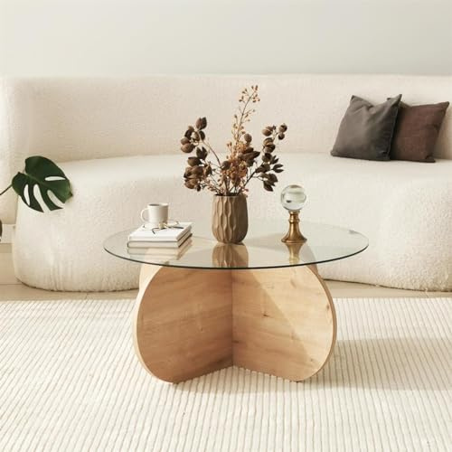 FAWdecor Unbreakable Glass and Wood Coffee Table, Modern Round Oak Coated Chipboard Center Table for Living Room, Mid Century Wooden Small Low Coffee Table (Clear Glass)