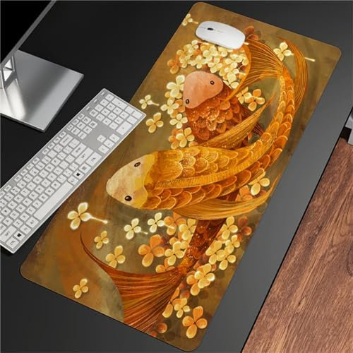Tapis de Souris Gaming XXL 1200x600x5mm,Surface Spéciale Améliore la Vitesse et la précision,Base en Caoutchouc Antidérapant,Sous-Main Bureau pour Tous Types de Souris et Clavier Fleur de koï dorée