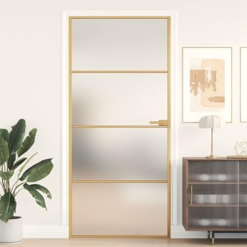 Tidyard Internal Door Panel Interior Bathroom Door Glass Door Slim Golden 93x201.5 cm Tempered Glass and Aluminium for Office Kitchen Bathroom Doors Type3 Hardware