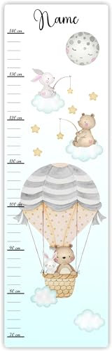 Farbklecks-Collection Kinder Messlatte Heissluftballonbärchen 70-140 cm personalisierbar mit Namen, Messleiste, Kinderzimmer, Holzmesslatte (Bunter Hintergrund)