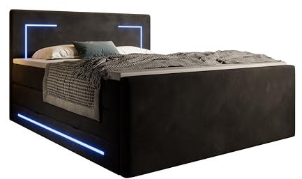 wonello Monaco Boxspringbett 160x200 mit Bettkasten und LED-Beleuchtung - gemütliches Bett mit LED - Stauraumbett 160 x 200 cm mit Matratze und Topper - Samt-Stoff schwarz - H3/H4
