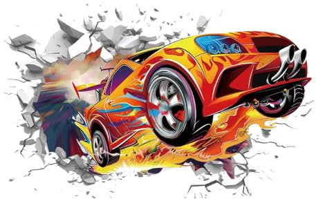 PLIGREAT 2 Blätter 3D Rennwagen Gebrochene Wandaufkleber Peel and Stick Wandkunst Aufkleber Coole große Aufkleber für Jungen Zimmer Schlafzimmer Wanddekoration Zuhause Dekoratives Festival Geschenk
