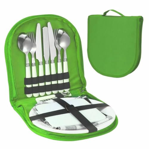 Camping Cutlery Set, Cutlery Set for 2, Portable Camping Crockery Sets with Storage Bag for Camping Picnic Hiking Travel (13 Pcs, Green)