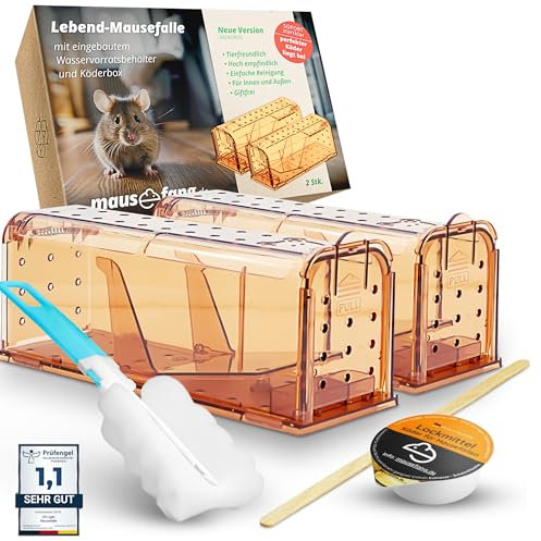Fairfield Lebend Mausefalle [2er Set] - tierfreundlich - hochempfindliche Mäusefalle inkl. Köder - mit Wasserbehälter - Wiederverwendbare Lebendfalle Maus - extra Luftlöcher - Mäuse Schwanzschutz