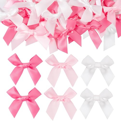 GmwyCzV 90 Stück Mini Satinband Schleifen, 5X5CM Satinbandschleifen Selbstklebend, Weiß, Hellrosa, Rosa Schleife Dekoration, für Nähen, Hochzeit Deko, DIY Basteln, Haar Bogen Hut, Geschenk