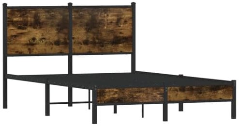 vidaXL Small Double Metal Bed Frame with Headboard/Metal Slats/Extra Storage - Smoked Oak, 120x190 cm, Bedroom Furniture