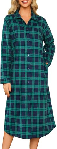 MIA LUCCE Chemise de nuit à manches longues en flanelle pour femme avec boutonnière Chemise de nuit en flanelle pour femme, Grille bleue et verte, M