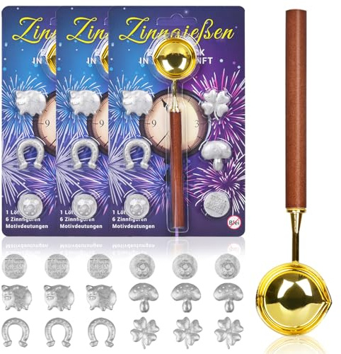 iZoeL Zinngießen Silvestergießen mit 18 Zinnfiguren 3 Löffel Anleitung Orakelheft, Zinn Giessen Silvester, 3 Zinn Set zu gießen für Silvester Partyspiele Silvesterbrauch Wahrsagerei-Partyspiel