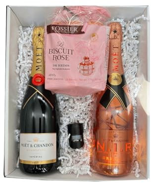 Coffret blanc : Moët et Chandon brut et Nectar Impérial Rosé (lumineux) - Fossier Biscuit Rose - Bouchon à champagne