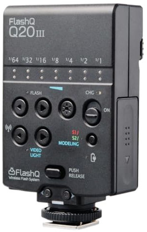 LightPix Labs FlashQ Q20III Wireless Flash, 20m GN, 7 Output Levels, Compatible with Canon, Nikon, Sony & More, Daylight Color, 2 AA Batteries, Includes Transmitter, Diffuser, Gel Pack