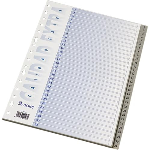 Dohe - Separadores Archivadores 2 y 4 anillas (31 uds.) - Índices Tamaño Folio, Numerados 1-31, Plástico Resistente 180 micras, 16 Agujeros - Color Gris