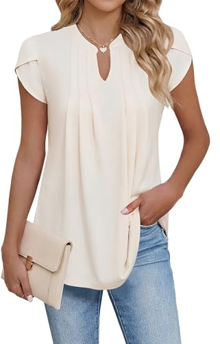Cuptacc Blusas Mujer Verano Manga Corta Cuello en V Camisetas Mujer Elegante Color Puro Básico Tops Albaricoque, XX-Large XXL 50-54