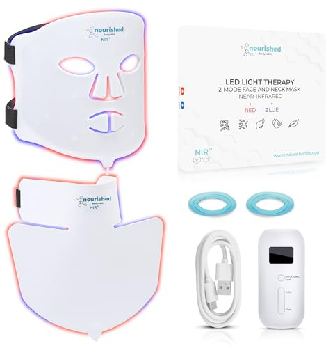 Nourished Bodynskin LED-Gesichts- und Nackenmaske mit Nahinfrarot - Blaue, rote Lichttherapie für das Gesicht - 228 LEDs - Hautpflegegerät gegen Falten, Anti-Aging
