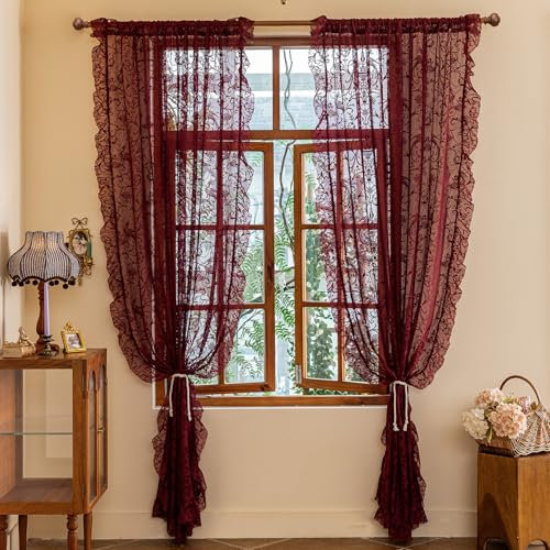 TUDECO Lace Maroon Curtains 96 Inches Long 1 Pair - French Floral Phoenix Sheer Voile Curtains for Living Room, Art Deco Privacy Rod Pocket Ruffled Edges Dark Wine Red Drapes, 150.0 cm X 244.8 cm