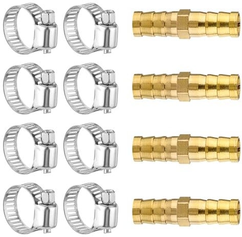 4 Pcs 3/8 Hose Barb, 3/8 (10MM) Barb Fitting Air Hose Repair Kit Straight Hoses Barbs Connector with 8 Pcs Tubes Clamp for Air Fuel Water Oil Hoses