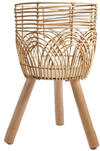 Heidouse Rattan Plant Stand, Bamboo Woven Wicker Plant Stand on Wooden Standing Legs, Rustic Indoor Rattan Basket Flower Pot for Home Balcony Decor