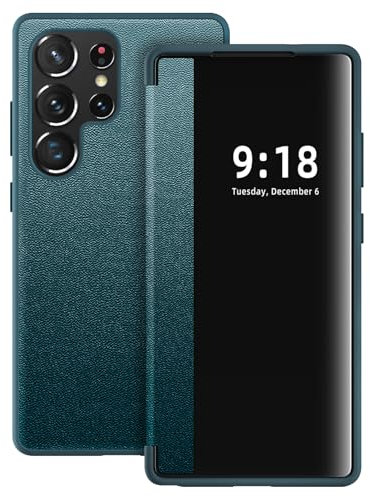 Hülle für Samsung Galaxy S23 Ultra Handyhülle S View S23 Ultra Flip Case Stoßfest Kratzfest Tasche Flip Schutzhülle für Samsung S23 Ultra, Durchscheinend View Silikon Bumper Handyhülle (Grün)