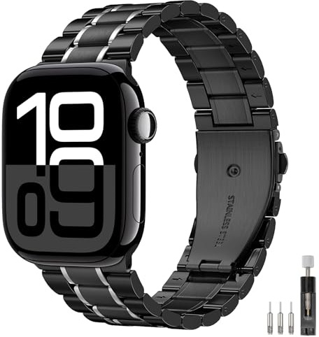 MoKo Correas Metálicas para Hombre Mujer,Compatibles con Apple Watch Ultra 3/2/1 49mm,S11/S10 46mm,9/8/7 45mm,SE3/SE2/SE/6/5/4 44mm,3/2/1 42mm,Correa Ajustable de Acero Inoxidable para Uso,Ngr/P