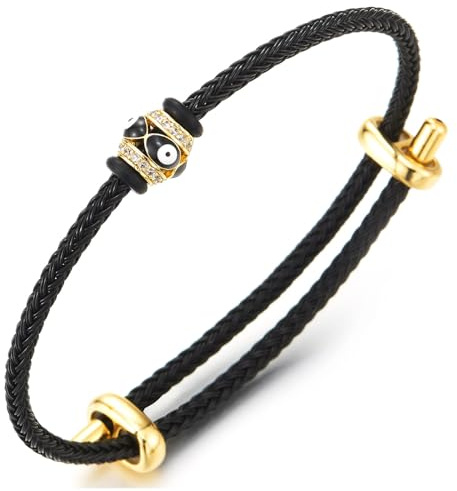 COOLSTEELANDBEYOND Bracciale in Corda Nera con Ciondolo Occhio CZ Colore Oro, Acciaio Inossidabile Regolabile, Gioiello Spirituale
