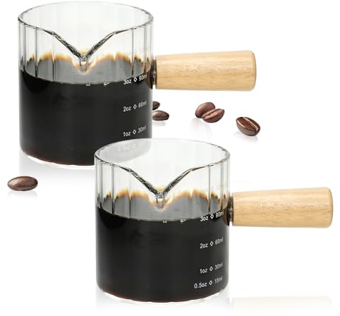 Espresso Cups Set of 2, 4 OZ Espresso Shot Glasses with Wood Handle, Clear | V-Shaped Spouts, Ribbed Milk Frothing Pitcher, Small Glass Measuring Cup, Demitasse Cups, Coffee Espresso Accessories