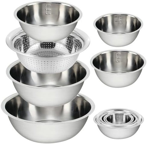 CHUNGG Mixing Bowl&Sieve Set, Large Stainless Steel Salad Bowls with Measurement Markers, Baking Cooking Food Storage, Suitable for Refrigerators and Dishwashers 6 Piece