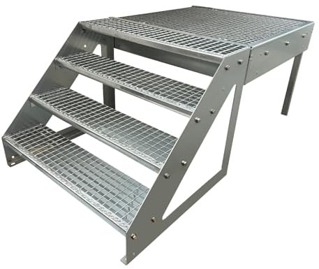 Stahltreppe Freistehend 4 Stufen Treppe Höhe 76 cm inklusive Podest 100x100cm mit oder ohne Geländer verzinkt Treppe Wählbar: Links/Rechts oder Front (Links oder Rechts ohne Geländer)