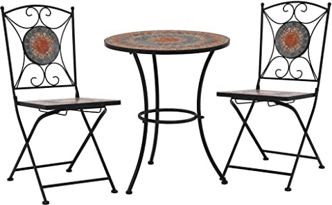 JHQHSM 3-TLG. Bistro-Set Mosaik Keramik Orange Grau mit 1 Tisch und 2 Stühlen, Pulverbeschichteter Eisenrahmen und Keramikfliesen für Garten und Terrasse, Dekoratives und Robustes